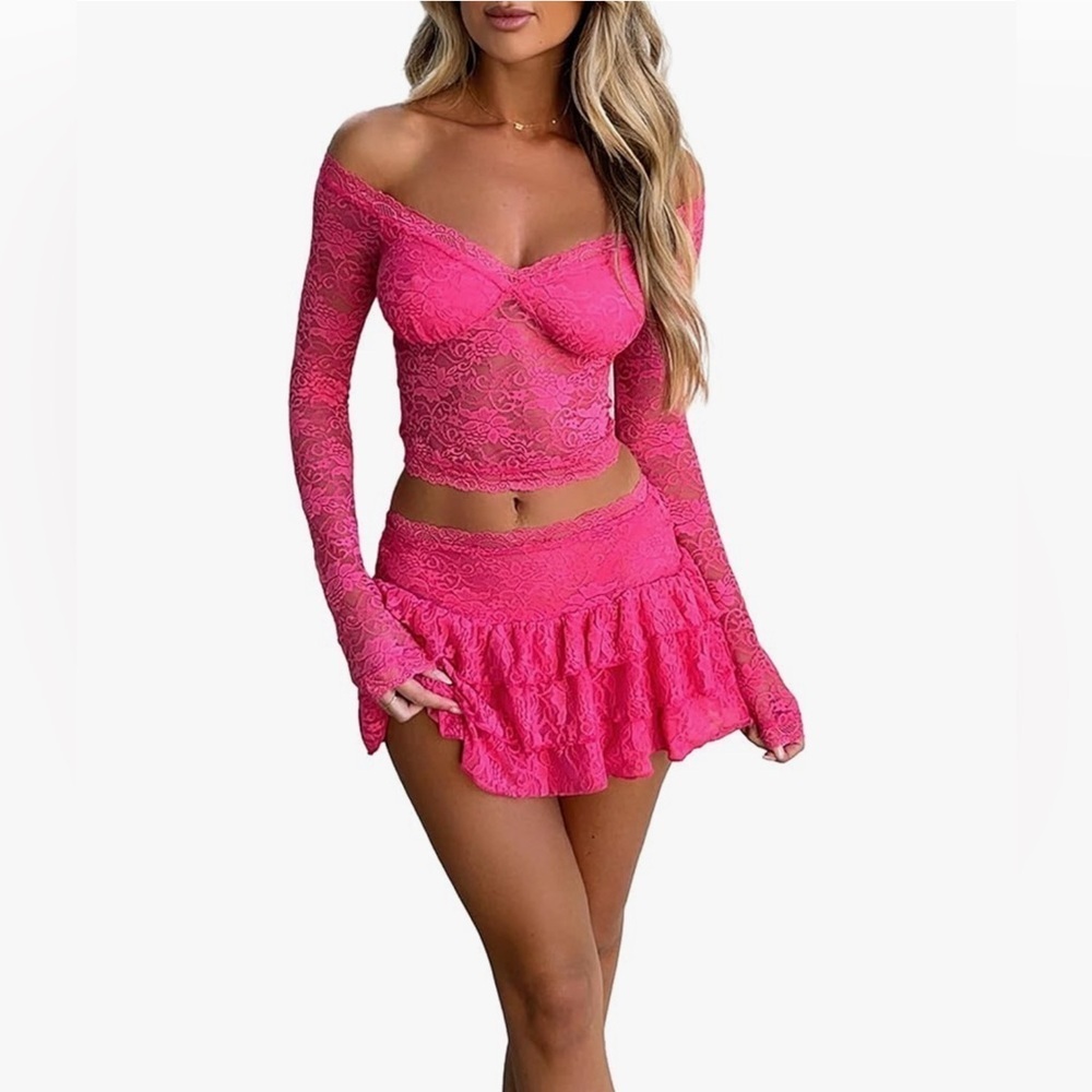 Message me to reorder in any size Elegant Pink Lace Off-Shoulder Mini Dress